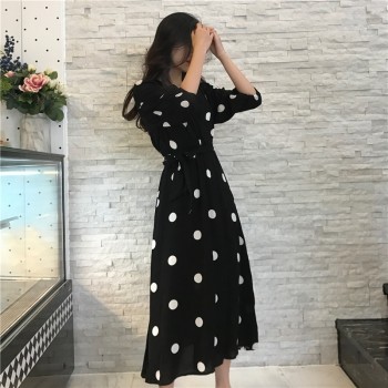 Fashion V-neck Ladies Long Dress Casual Half Sleeve Dot Black